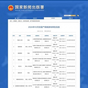 國家資訊出版署公布12月份國產(chǎn)網(wǎng)絡游戲審批信息